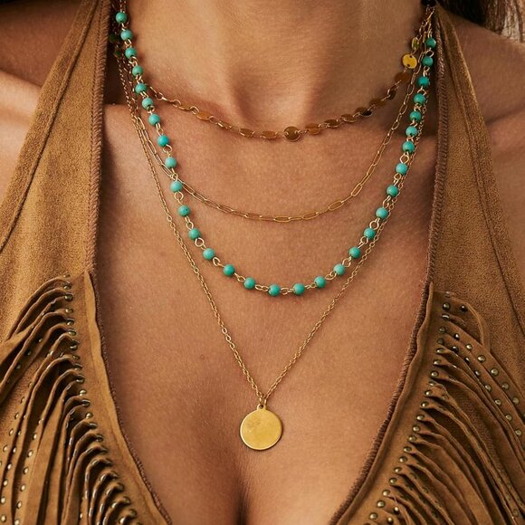 Boho Layered Gold Necklaces for Women with Western Turquoise Pendant Charm - Picture 2 of 7